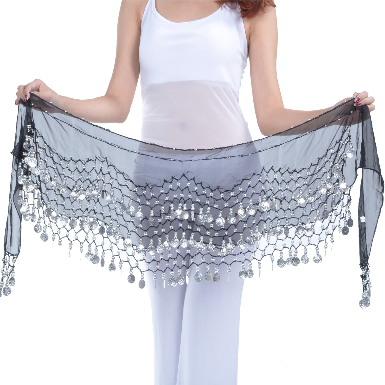 Dancewear Chiffon Silver Coins Belly Dance Hip Scarf More Colors