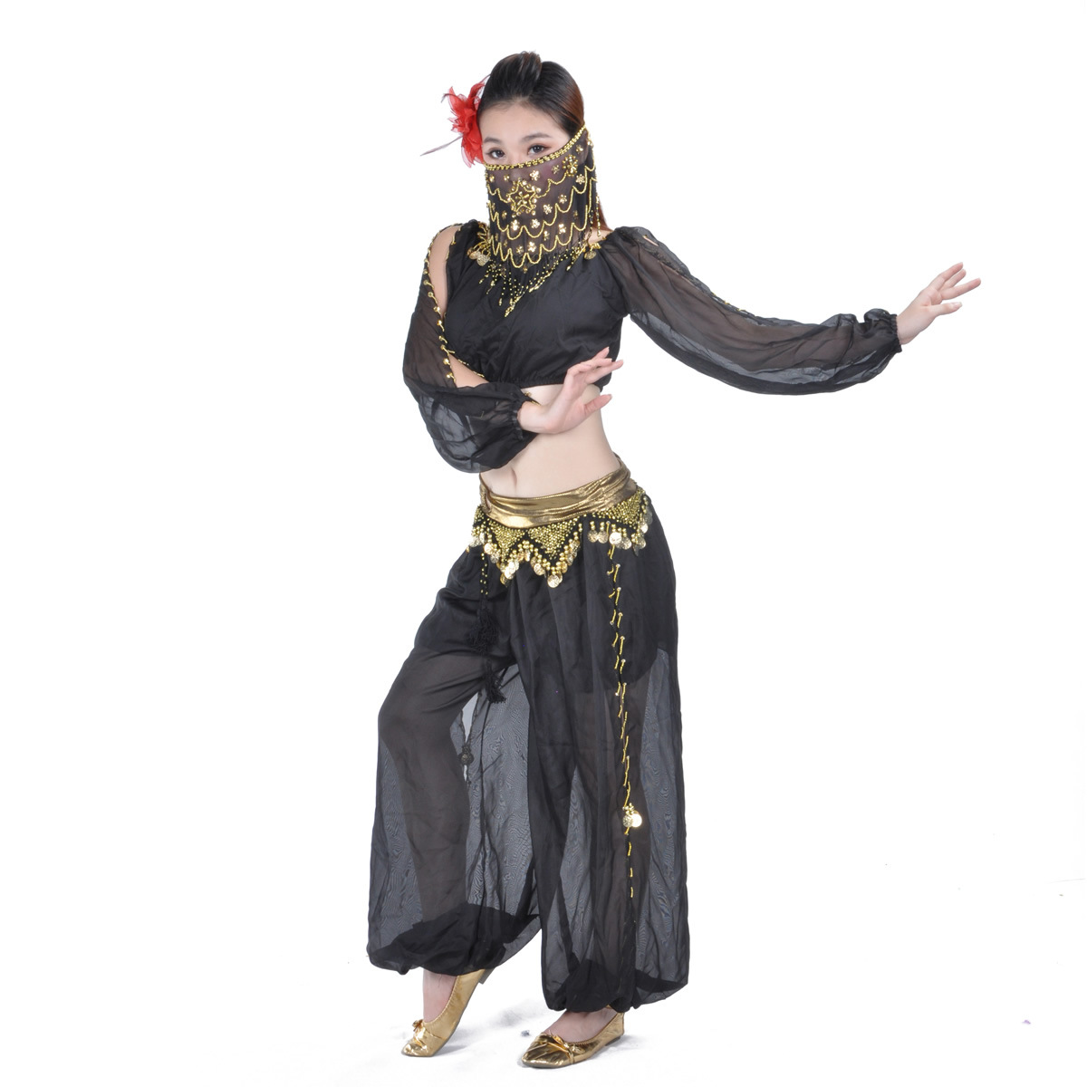 Dancewear chiffon belly dance costumes with coins for ladies more colors